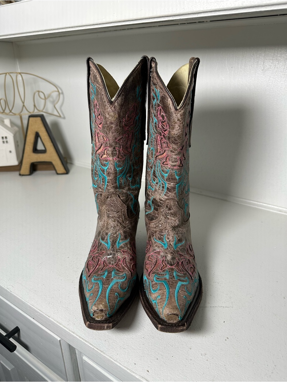 Redhawk Cowboy Boots Women's 7 Brown Turquoise Embroidered Western Boots - Picture 3 of 10